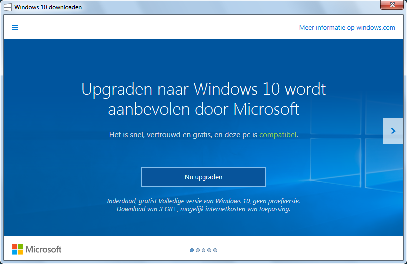 Upgraden naar Windows 10 wordt aanbevolen door Microsoft