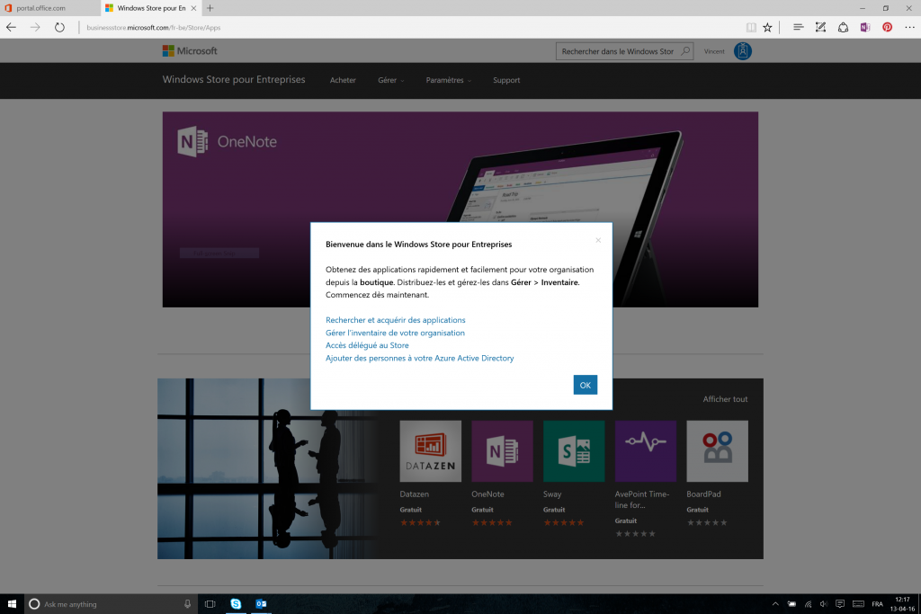 Ecran de bienvenue du Windows Store pour Entreprises