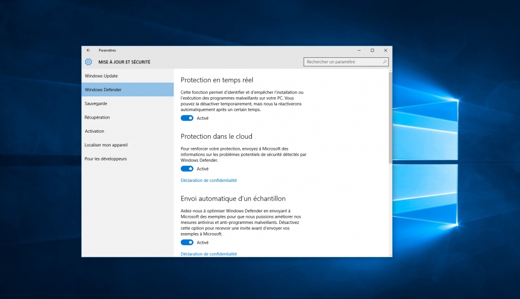 Windows 10 consacre une grande attention aux différentes formes de protection.