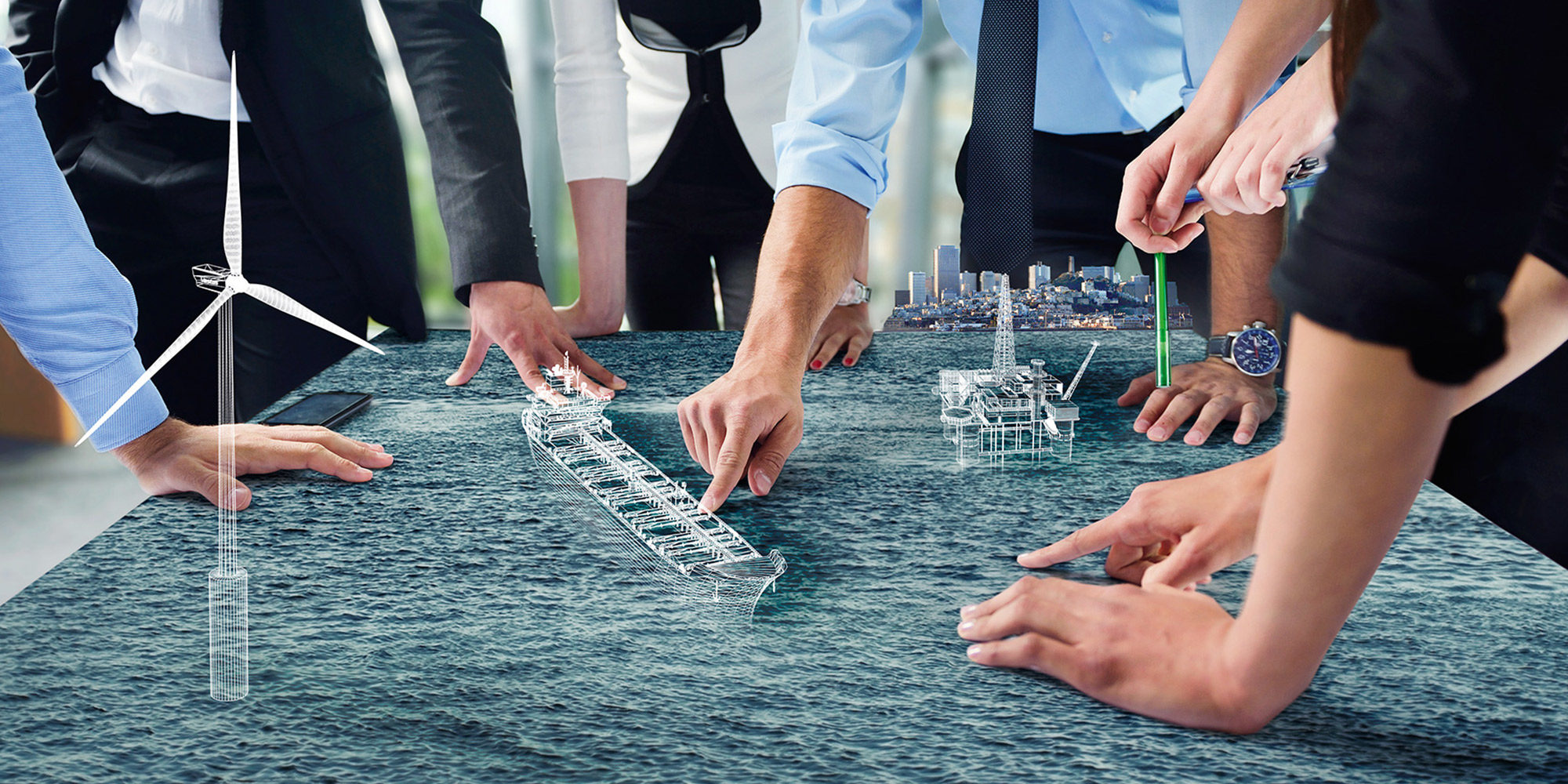 a group of people using a virtual map of a sea