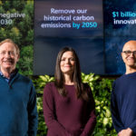 Microsoft President Brad Smith, Chief Financial Officer Amy Hood and CEO Satya Nadella preparing to announce Microsoft’s plan to be carbon negative by 2030. (Jan. 15, 2020/Photo by Brian Smale)