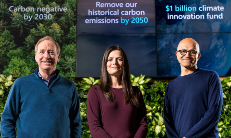 Microsoft President Brad Smith, Chief Financial Officer Amy Hood and CEO Satya Nadella preparing to announce Microsoft’s plan to be carbon negative by 2030. (Jan. 15, 2020/Photo by Brian Smale)