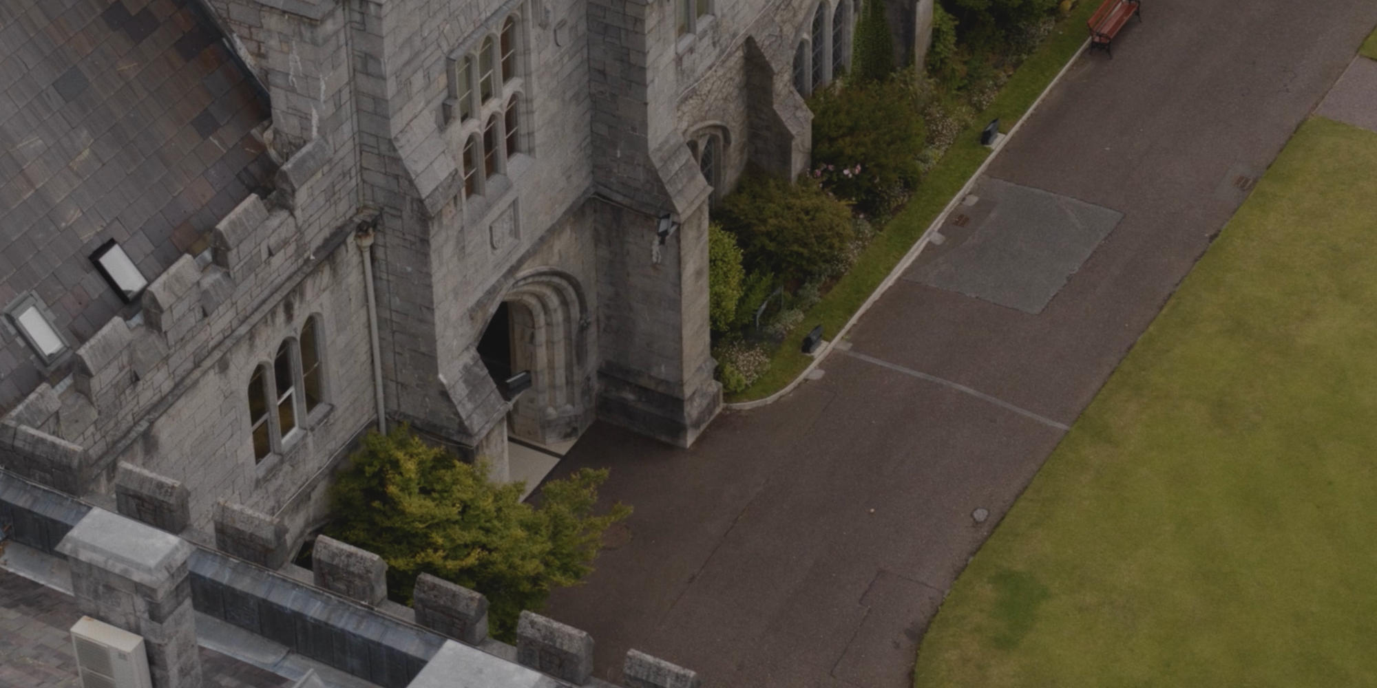 a view of a stone building