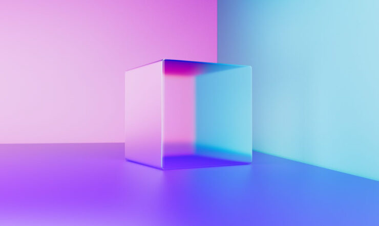 Pink and blue background with a 3D Cube