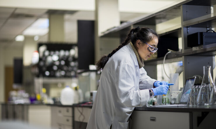 Asian female scientist working in a lab with conical flasks