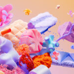 pastel orange and pink background with colorful sea world objects in different colors