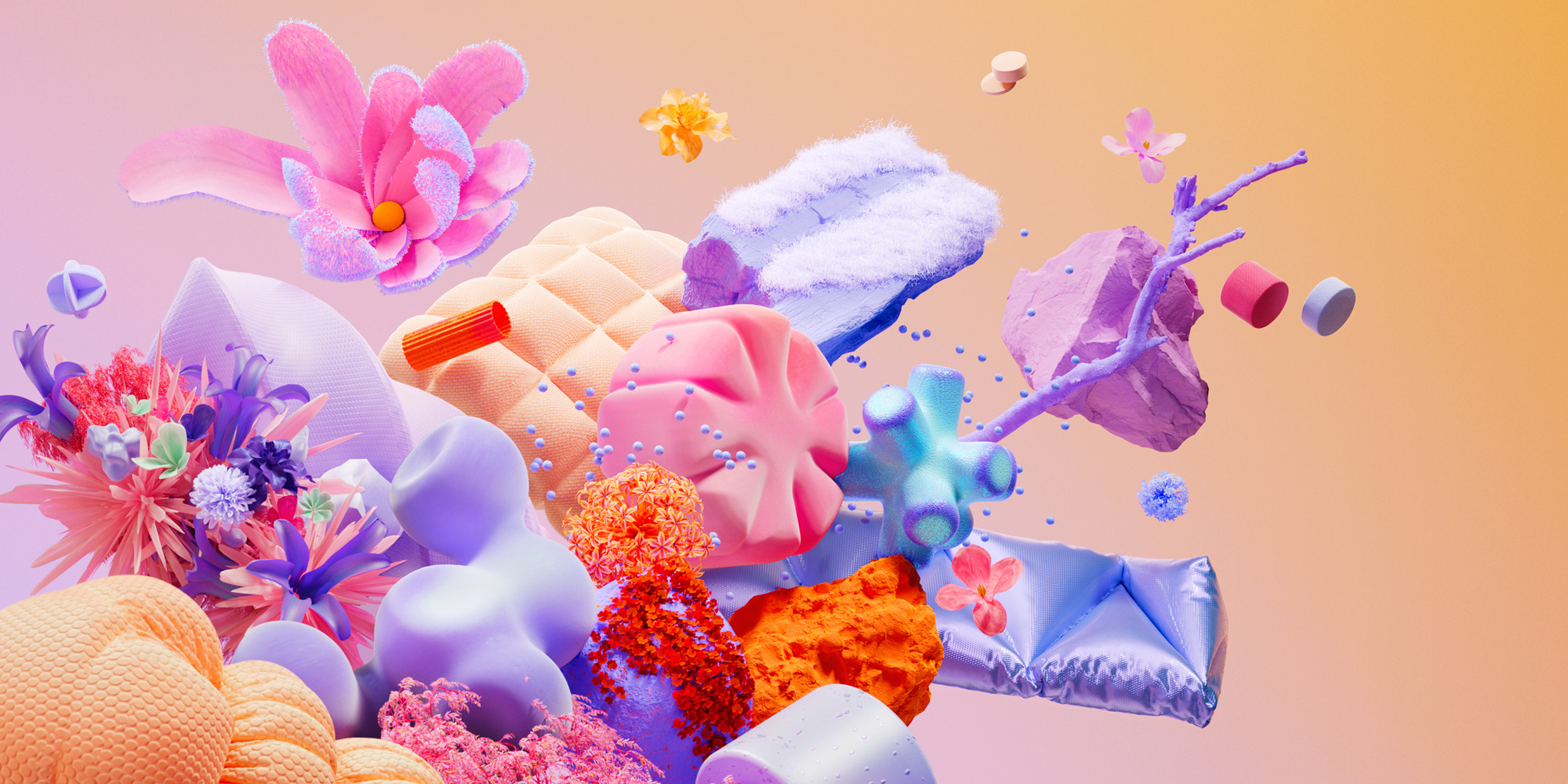 pastel orange and pink background with colorful sea world objects in different colors