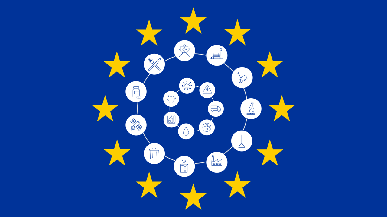 EU Flag with NIS and NIS2 sectors