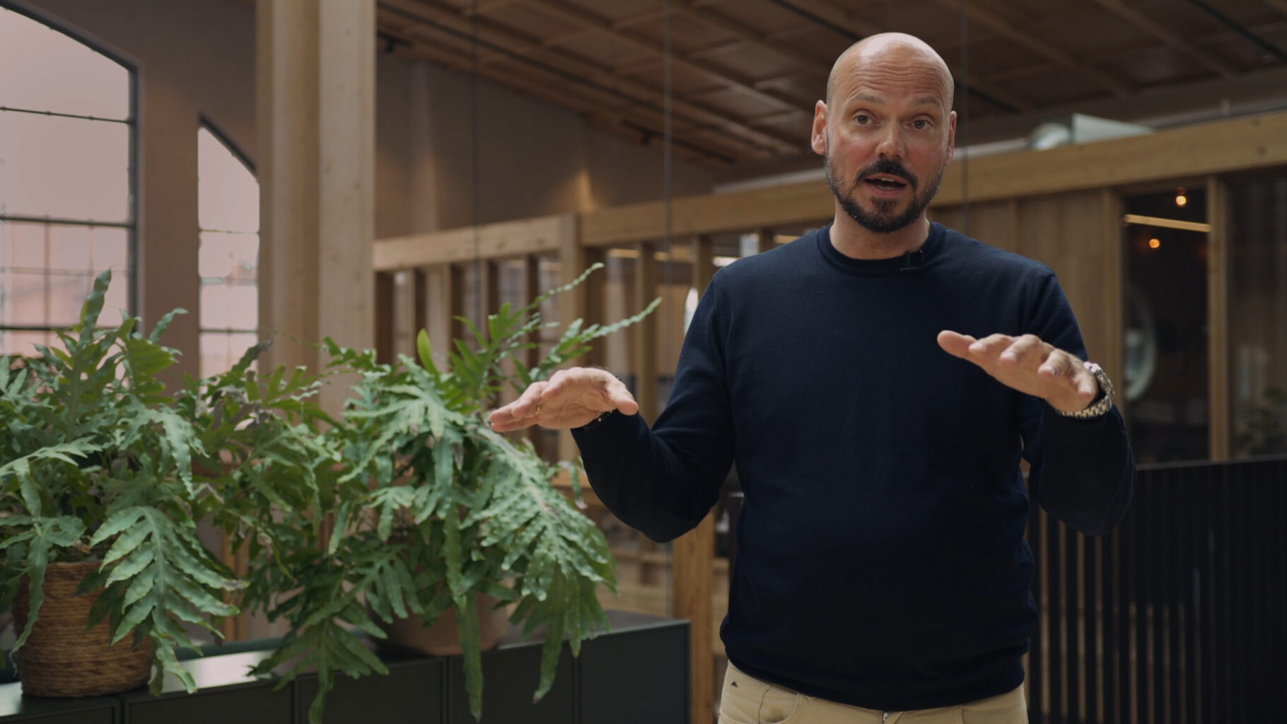 A man to the right making hand gestures. A green plant to the left. 