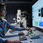 A women in a lab staring focused at a screen