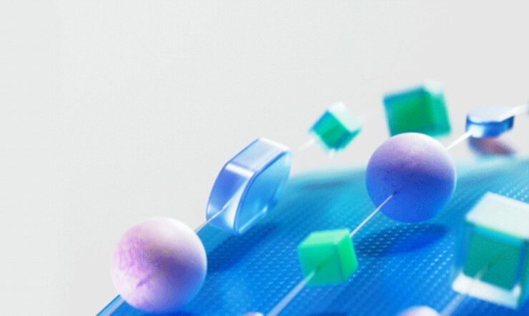 : abstract blue and green lines and circles on cream background