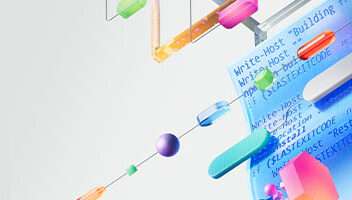 Abstract graphic with colorful 3D shapes and fragments of code on a light grey background