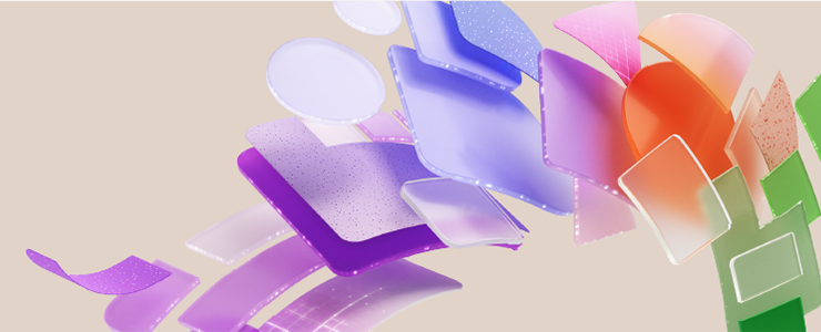 Abstract colorful 3D shapes in purple, pink, orange, and green on a beige background, arranged in a flowing, dynamic pattern